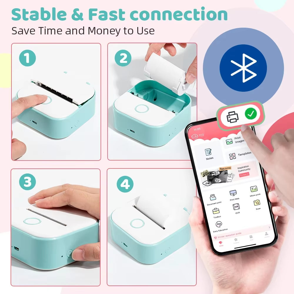 T02 Mini Thermal Printer T02 Sticker Maker Machine Portable Bluetooth Pocket Printer Study Supplies for Photos Notes