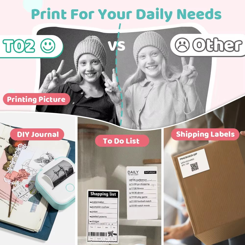 T02 Mini Thermal Printer T02 Sticker Maker Machine Portable Bluetooth Pocket Printer Study Supplies for Photos Notes