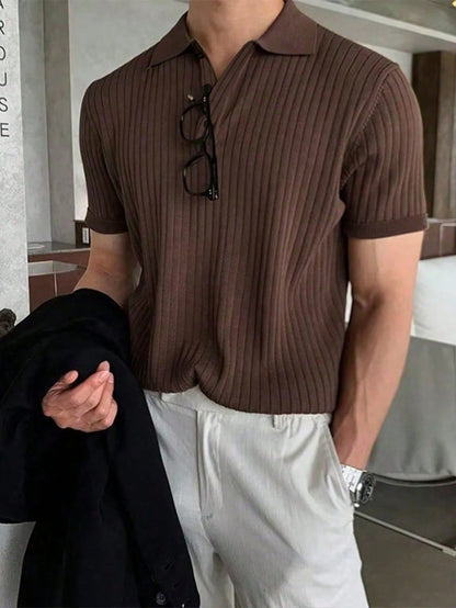 Claim Dot Men'S Solid Color Rib-Knit Polo Shirt, Old Money Style