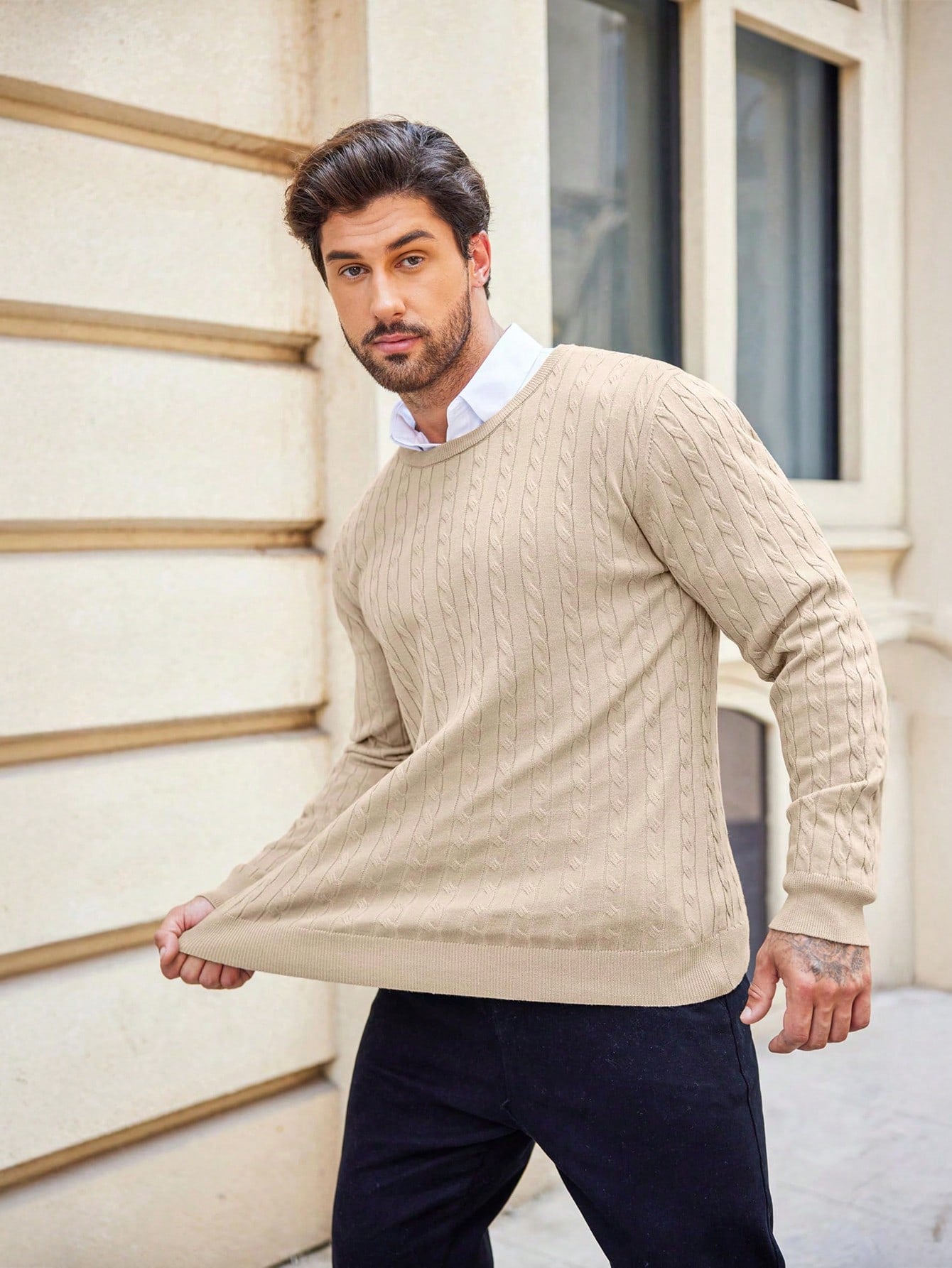 Men Solid Cable Knit Sweater