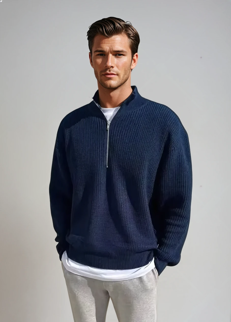 Autumn Winter Stand-Up Collar Half-Zip Sweater Men'S Handsome Loose Casual High Street Sweaters Men Pullovers Male Clothes